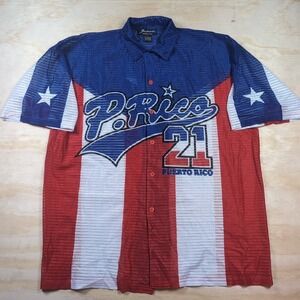 Vintage Bucker Mens Baseball Jersey Puerto Rico Flag Polyester Mesh Sz Large